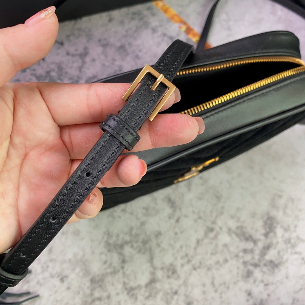 SAINT LAURENT LOU CAMERA BAG 23 IN BLACK SUEDE AND CALFSKIN TRIM