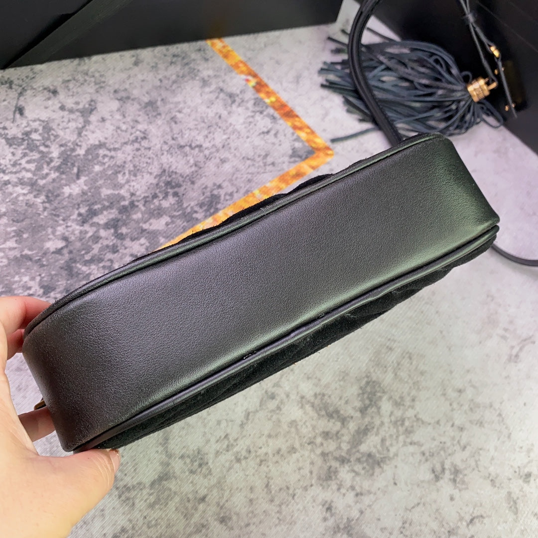 SAINT LAURENT LOU CAMERA BAG 23 IN BLACK SUEDE AND CALFSKIN TRIM