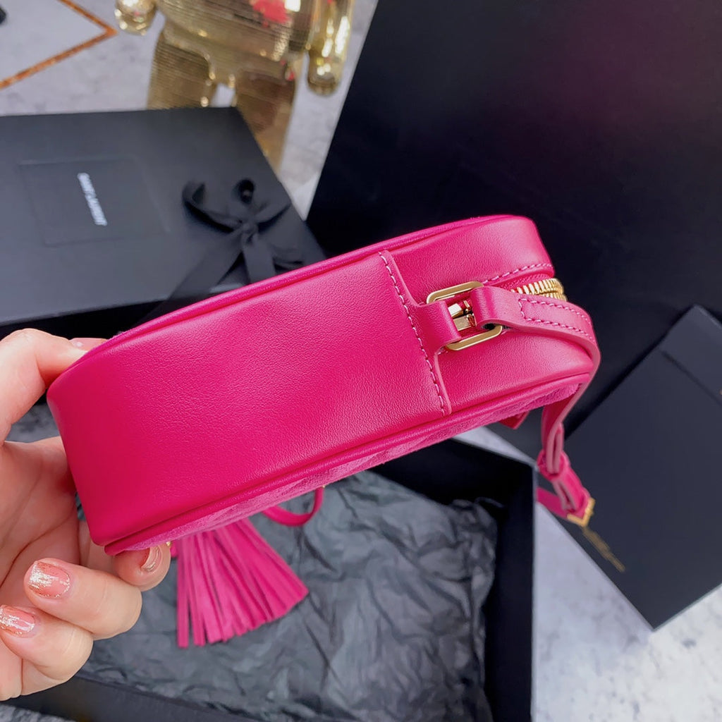SAINT LAURENT LOU CAMERA BAG 23 IN BRIGHT PINK SUEDE AND CALFSKIN TRIM