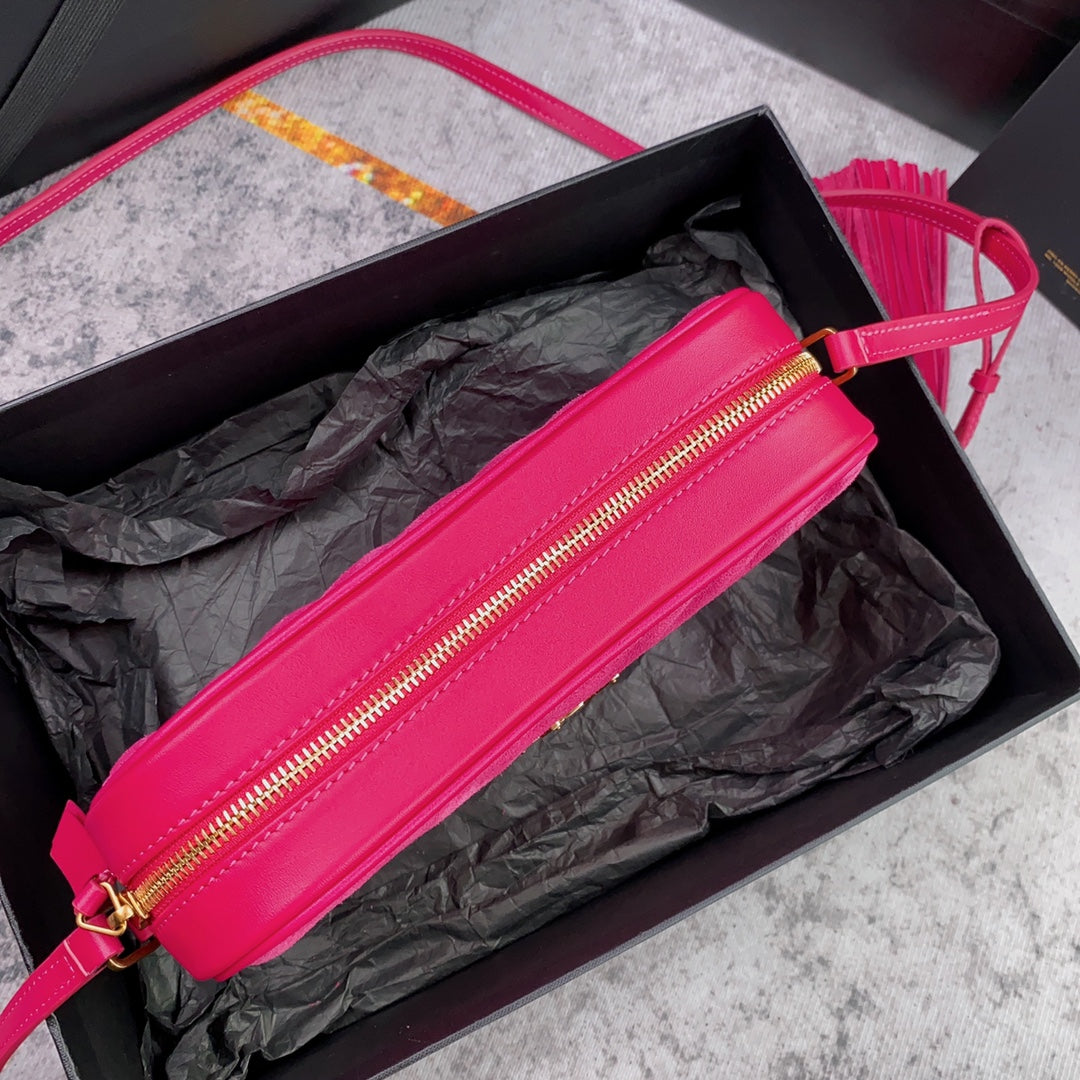 SAINT LAURENT LOU CAMERA BAG 23 IN BRIGHT PINK SUEDE AND CALFSKIN TRIM