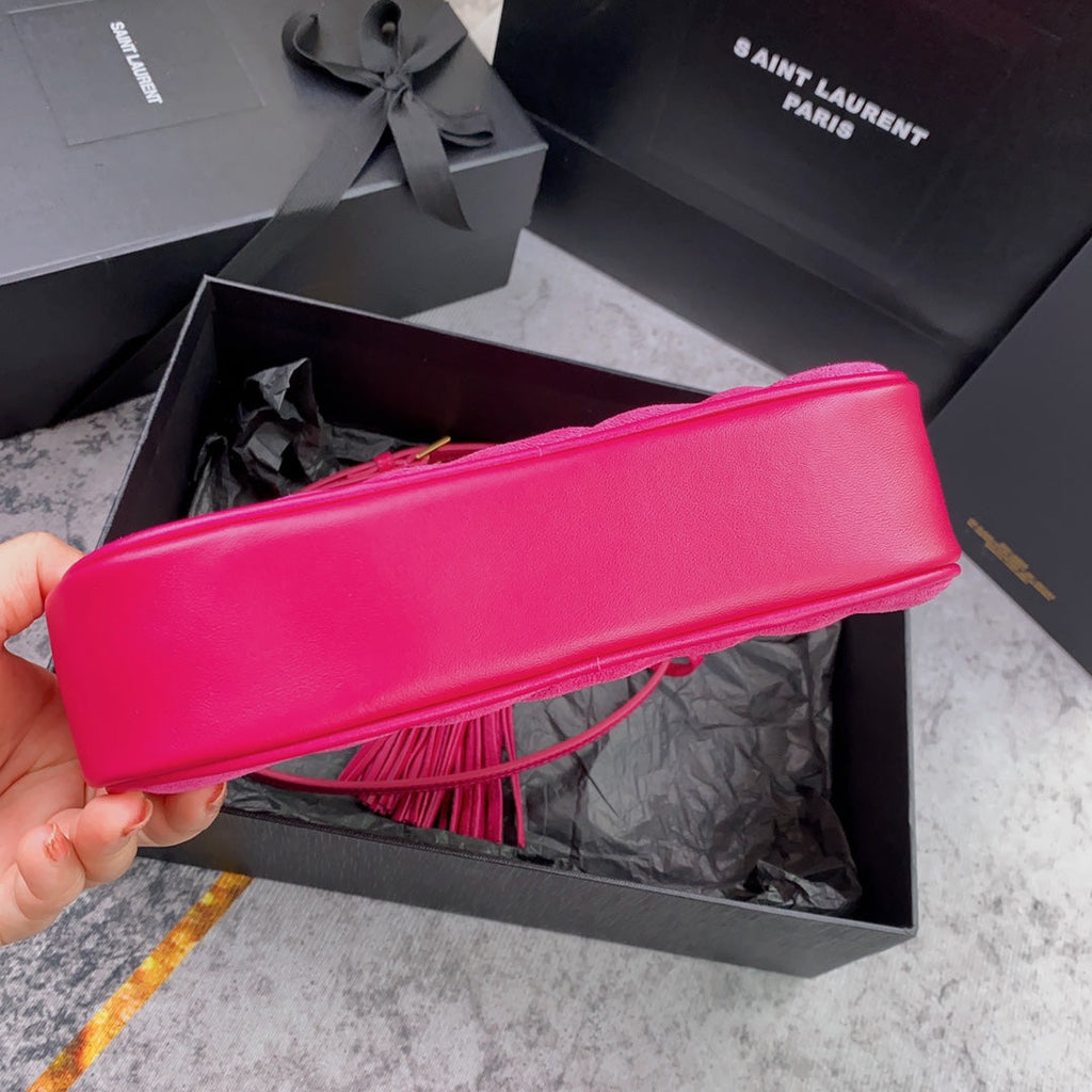 SAINT LAURENT LOU CAMERA BAG 23 IN BRIGHT PINK SUEDE AND CALFSKIN TRIM