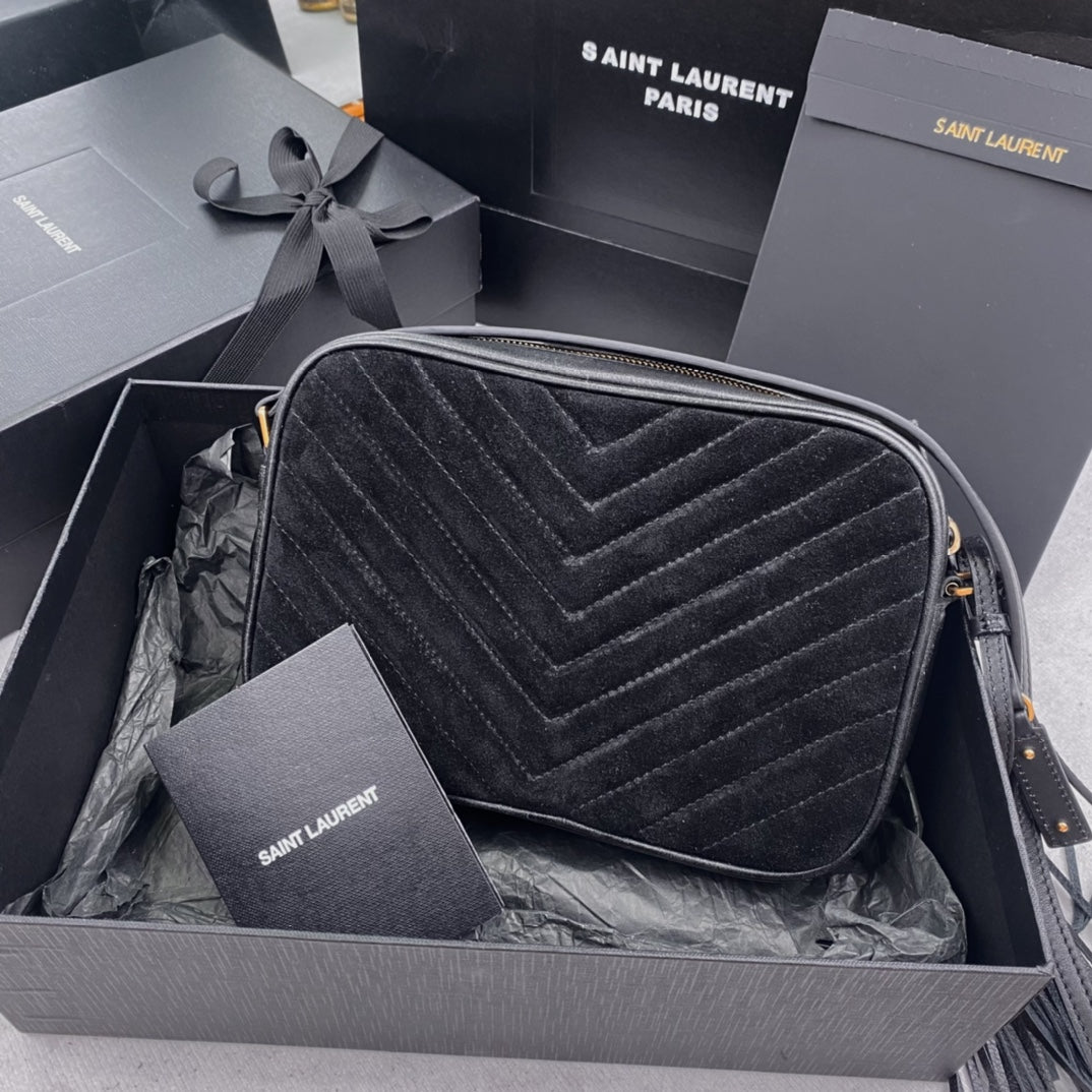SAINT LAURENT LOU CAMERA BAG 23 IN BLACK SUEDE AND CALFSKIN TRIM