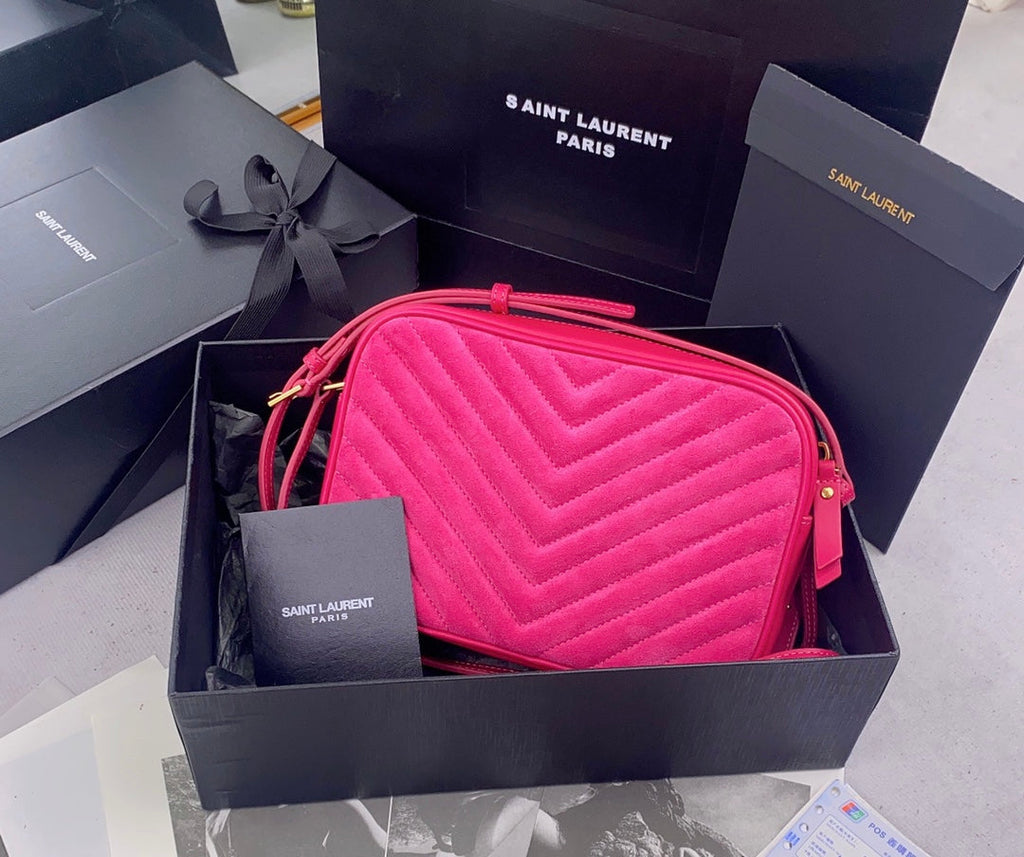 SAINT LAURENT LOU CAMERA BAG 23 IN BRIGHT PINK SUEDE AND CALFSKIN TRIM