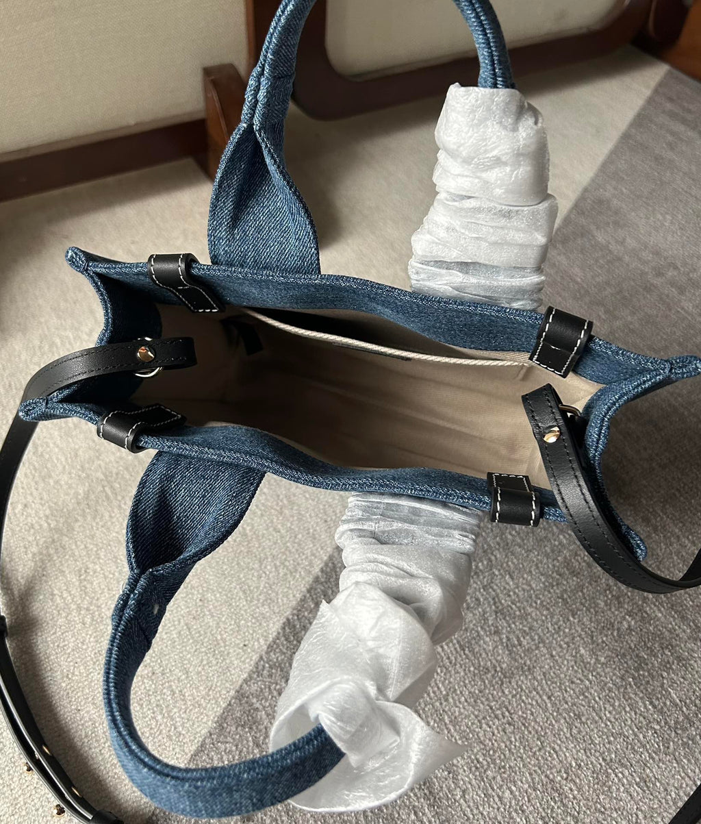 CHLOE SMALL WOODY TOTE BAG 26.5 IN BLUE DENIM BLACK CALFSKIN