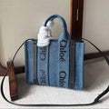 CHLOE SMALL WOODY TOTE BAG 26.5 IN BLUE DENIM BLACK CALFSKIN