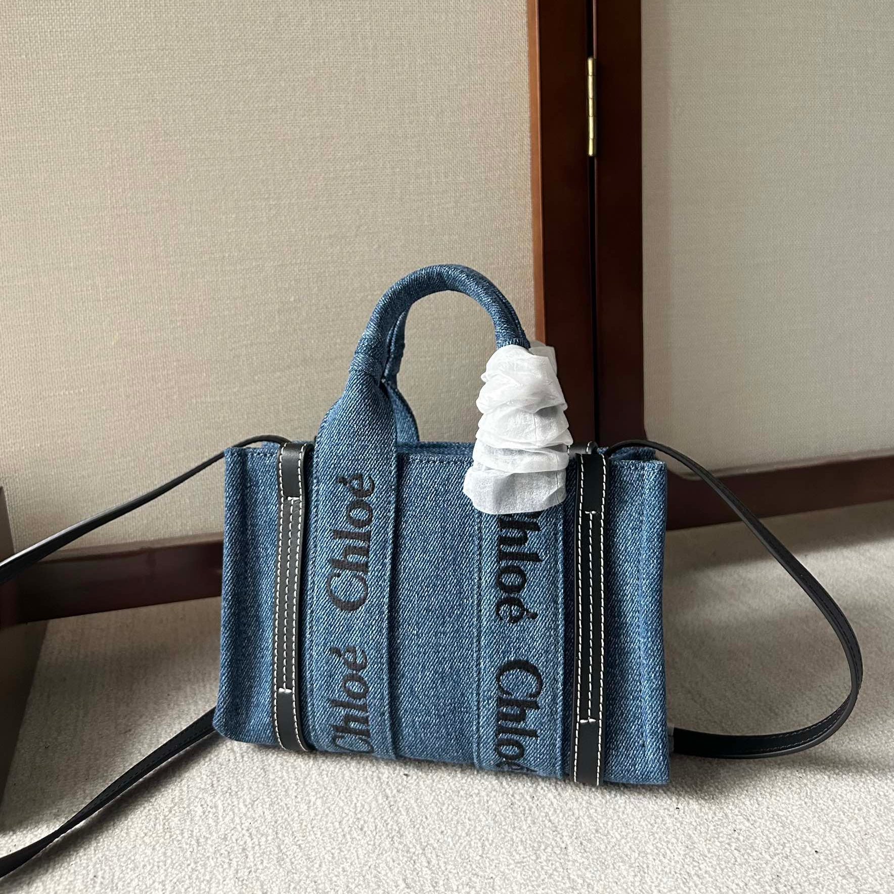 CHLOE MINI WOODY TOTE BAG 20 IN BLUE DENIM BLACK CALFSKIN