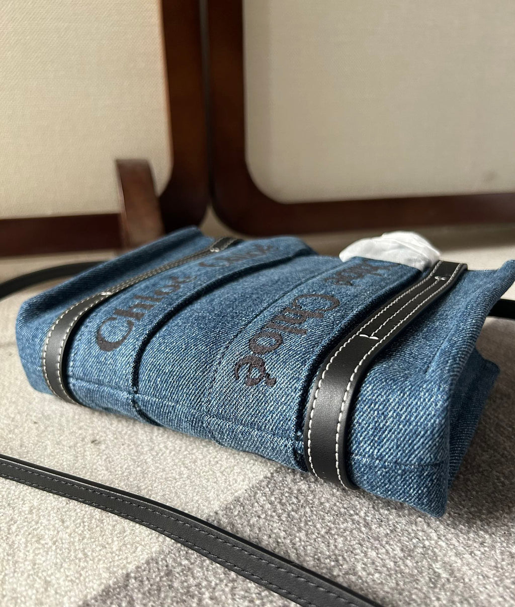 CHLOE MINI WOODY TOTE BAG 20 IN BLUE DENIM BLACK CALFSKIN