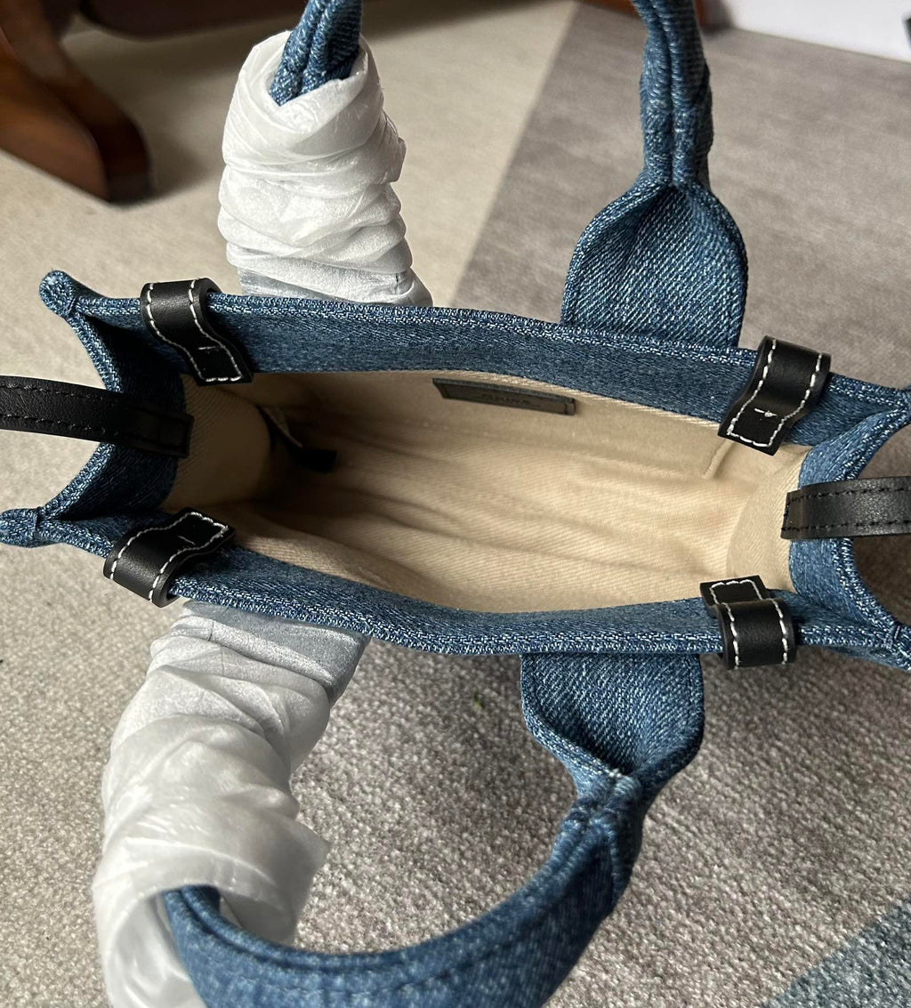 CHLOE MINI WOODY TOTE BAG 20 IN BLUE DENIM BLACK CALFSKIN
