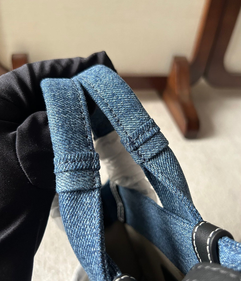 CHLOE MINI WOODY TOTE BAG 20 IN BLUE DENIM BLACK CALFSKIN