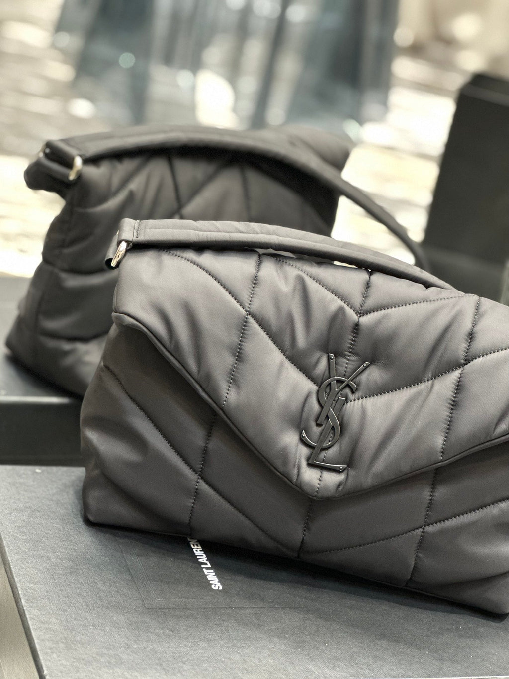 SAINT LAURENT PUFFER LARGE BAG 34 IN DARK GRAY NYLON