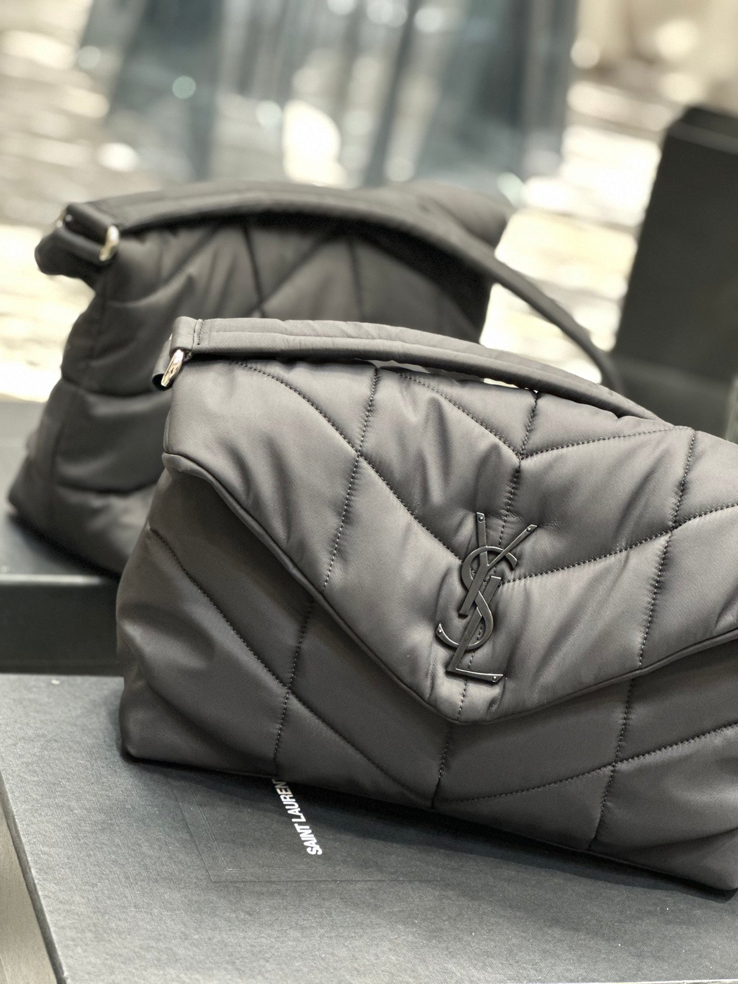 SAINT LAURENT PUFFER LARGE BAG 34 IN DARK GRAY NYLON