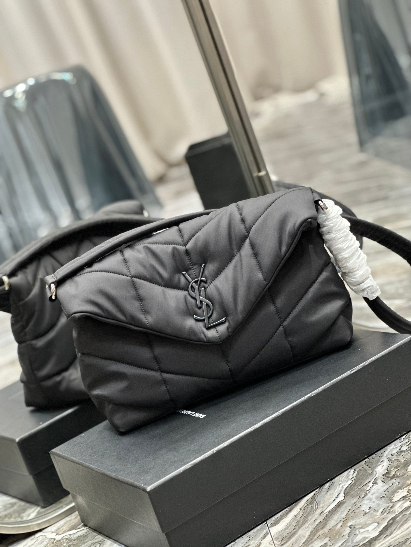 SAINT LAURENT PUFFER LARGE BAG 34 IN DARK GRAY NYLON