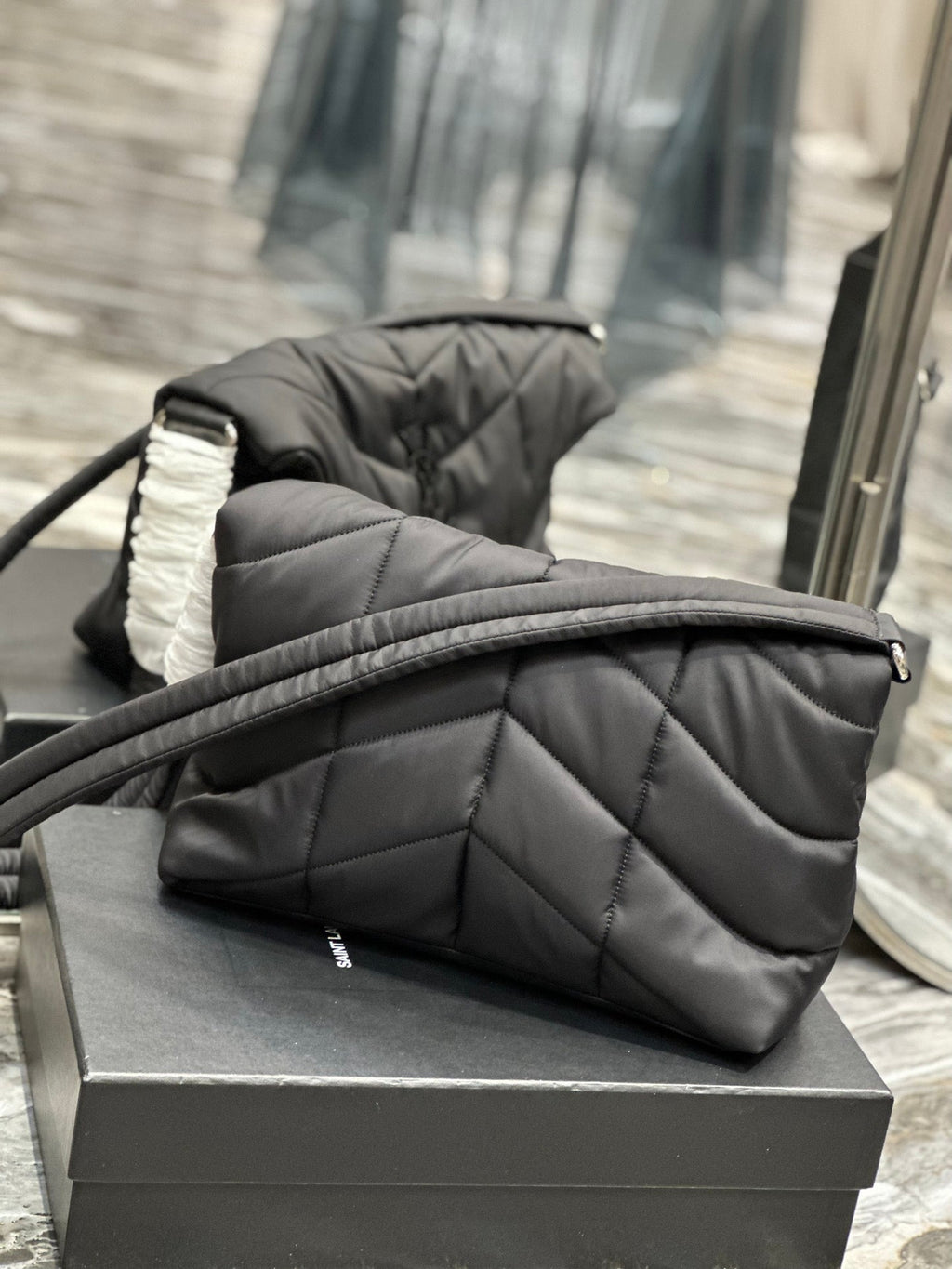 SAINT LAURENT PUFFER LARGE BAG 34 IN DARK GRAY NYLON