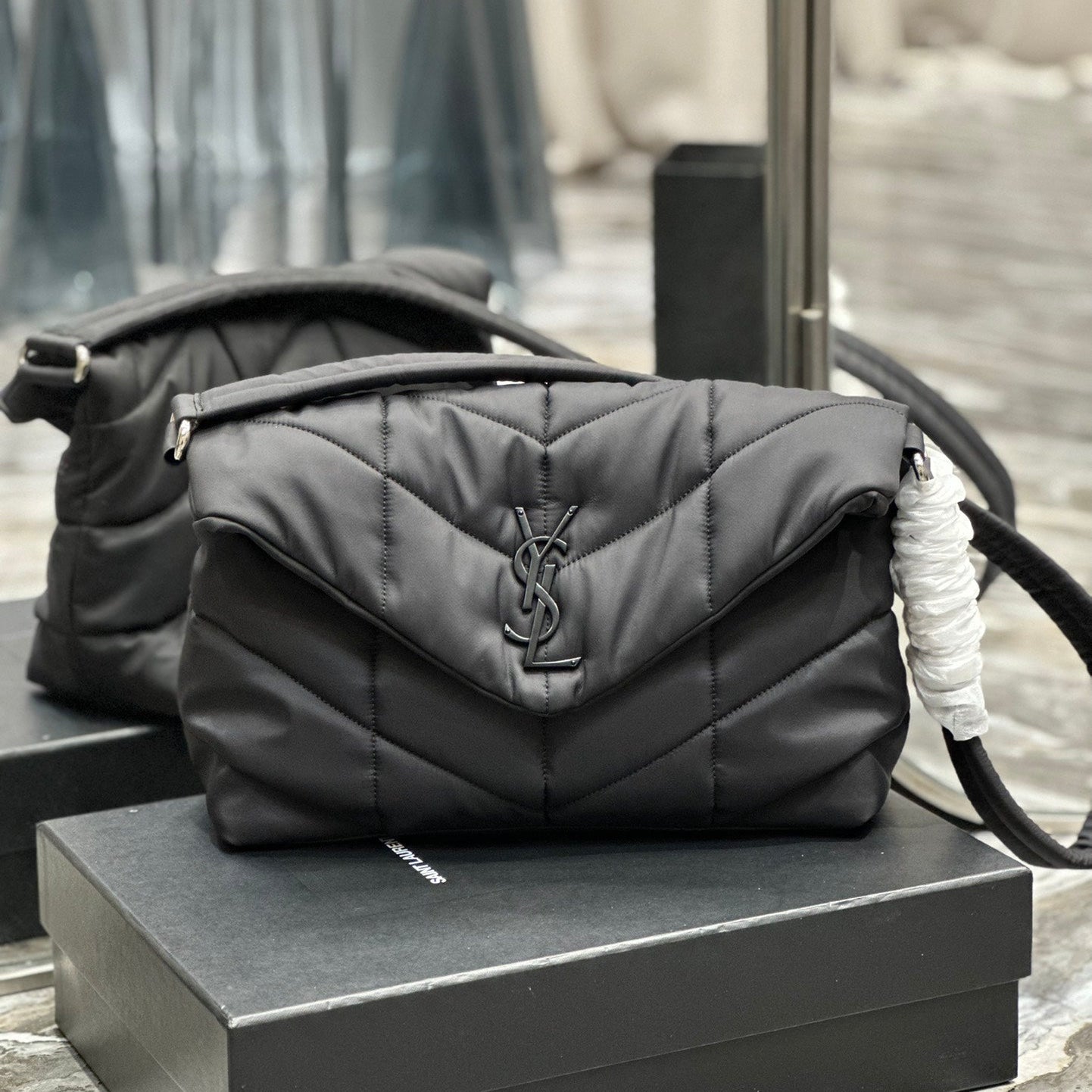 SAINT LAURENT PUFFER LARGE BAG 34 IN DARK GRAY NYLON