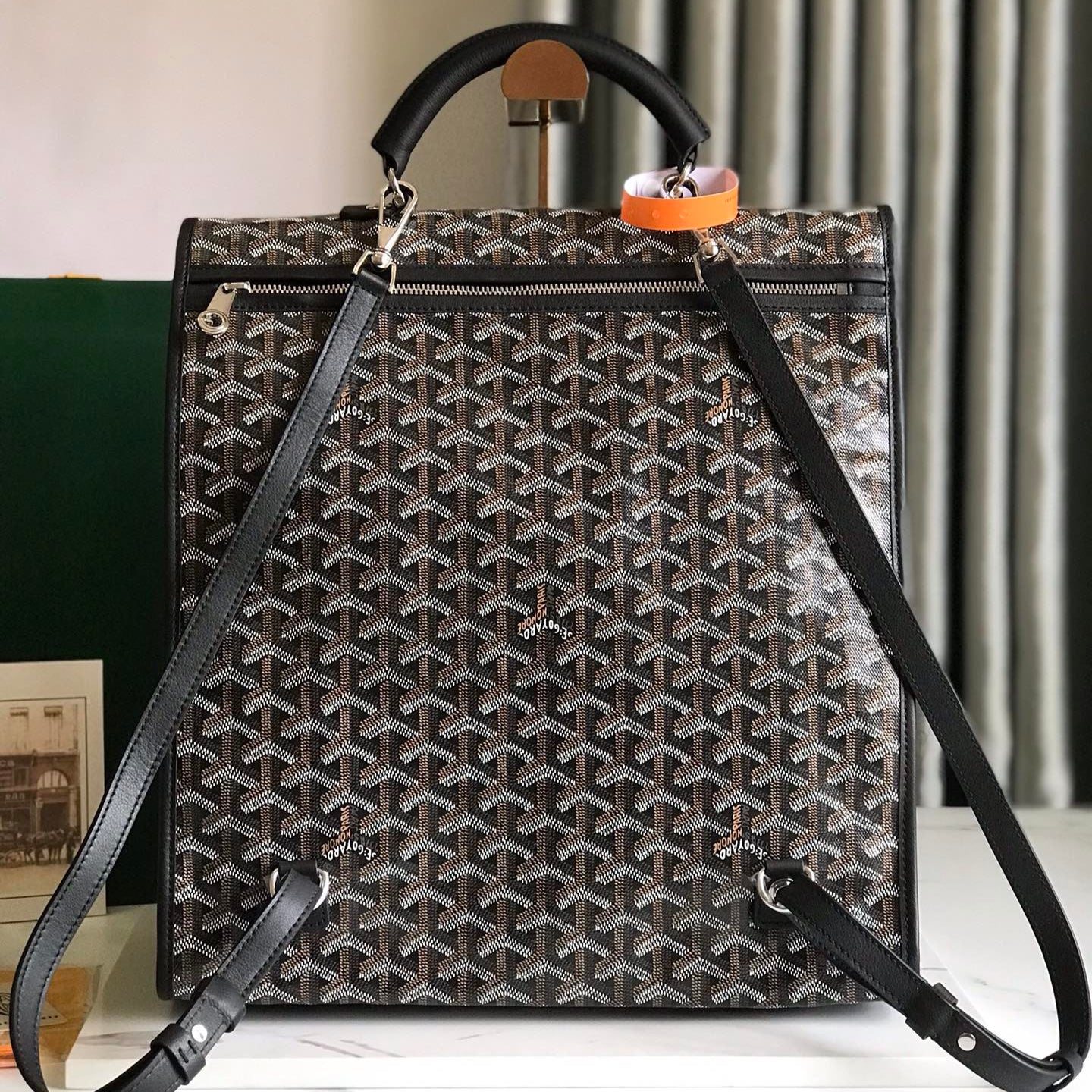 GOYARD SAINT LÉGER BACKPACK 35 IN BROWN MIX BALCK GOYARDINE CANVAS AND CALFSKIN WITH CARTOON PATCH