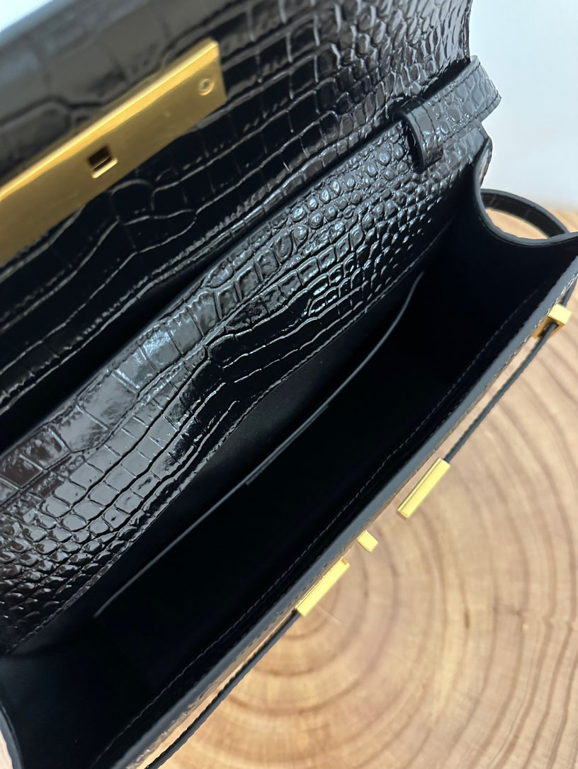 SAINT LAURENT MANHATTAN 29 TOP-HANDLE IN CROCODILE BLACK CALFSKIN