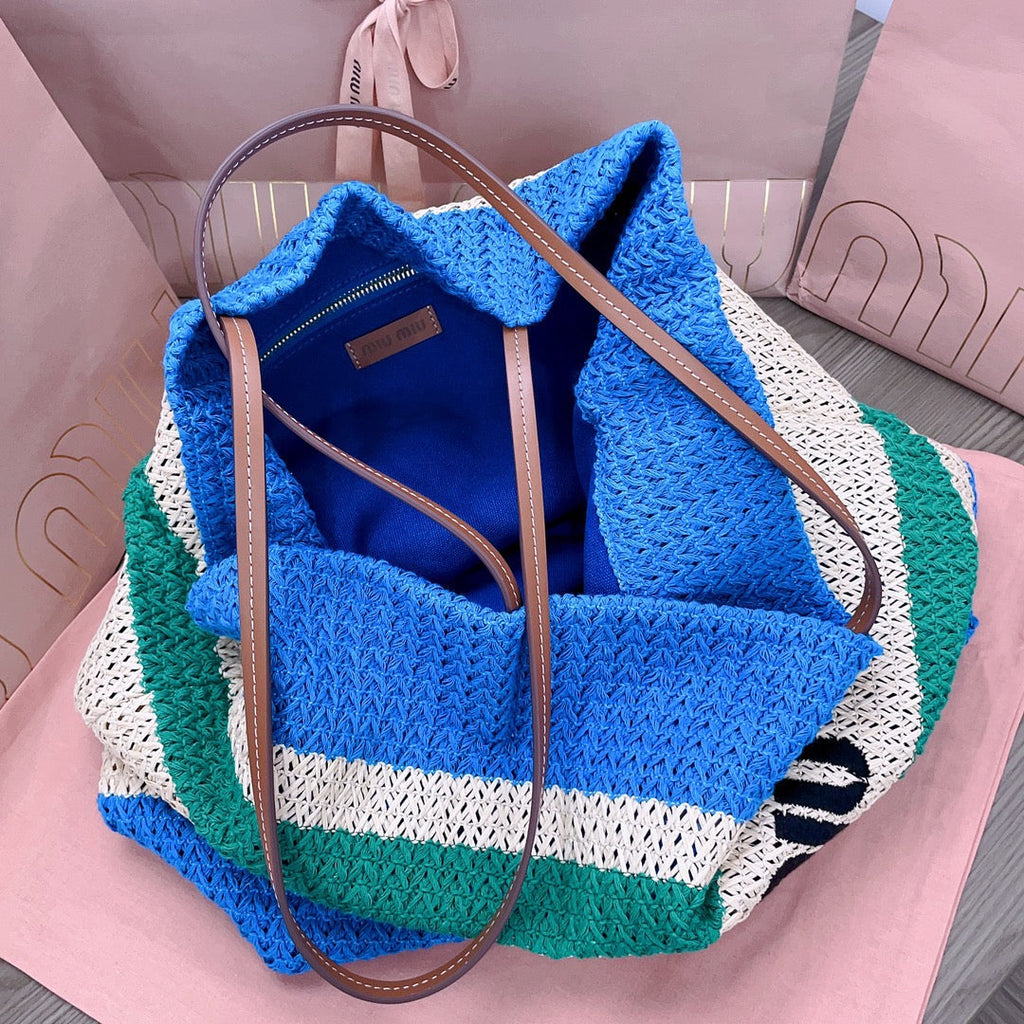 MIU MIU TOTE BAG 40 IN STRIPED PATTERN OF BLUE GREEN AND CREAM WHITE WOVEN RAFFIA
