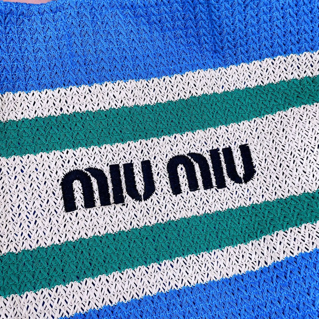 MIU MIU TOTE BAG 40 IN STRIPED PATTERN OF BLUE GREEN AND CREAM WHITE WOVEN RAFFIA
