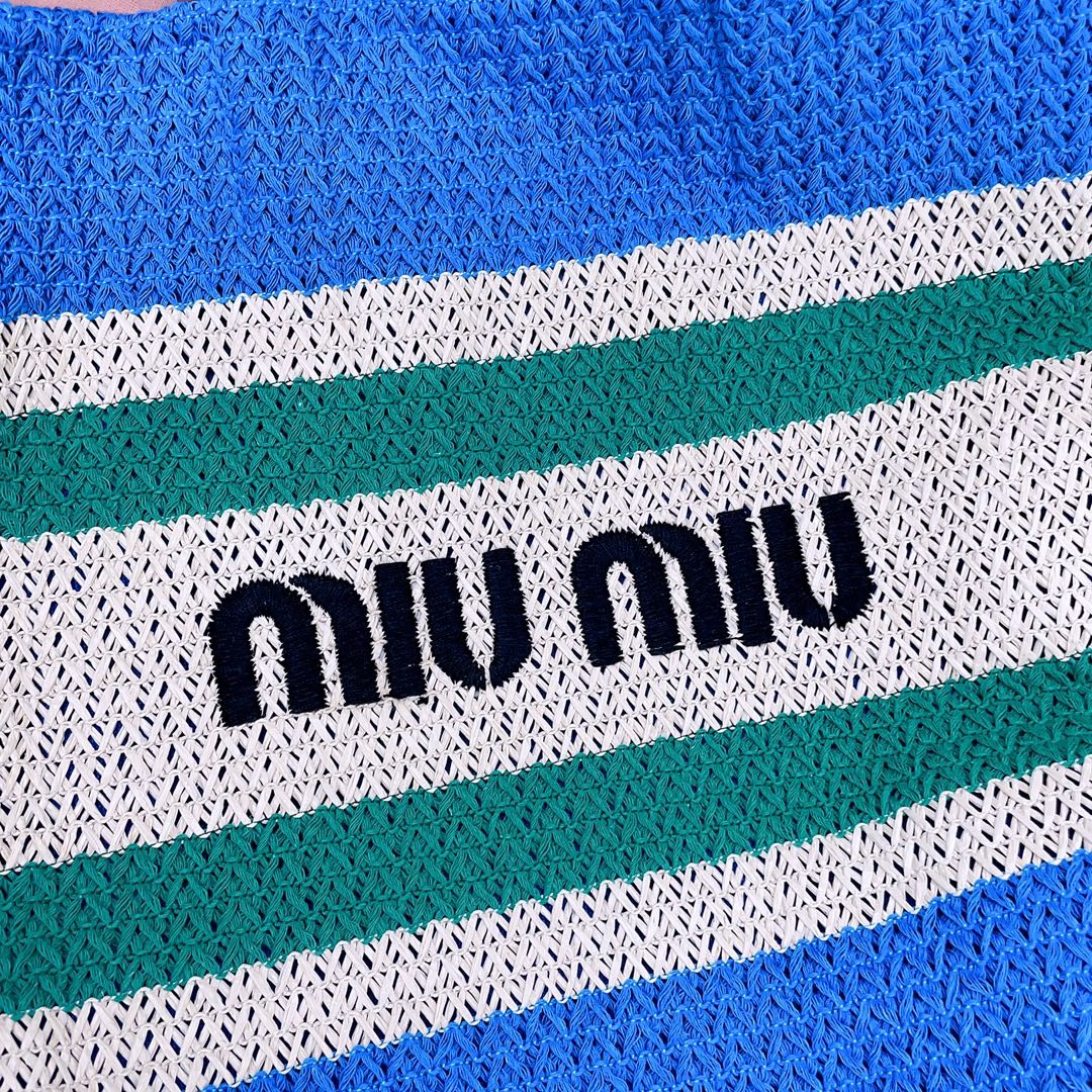 MIU MIU TOTE BAG 40 IN STRIPED PATTERN OF BLUE GREEN AND CREAM WHITE WOVEN RAFFIA