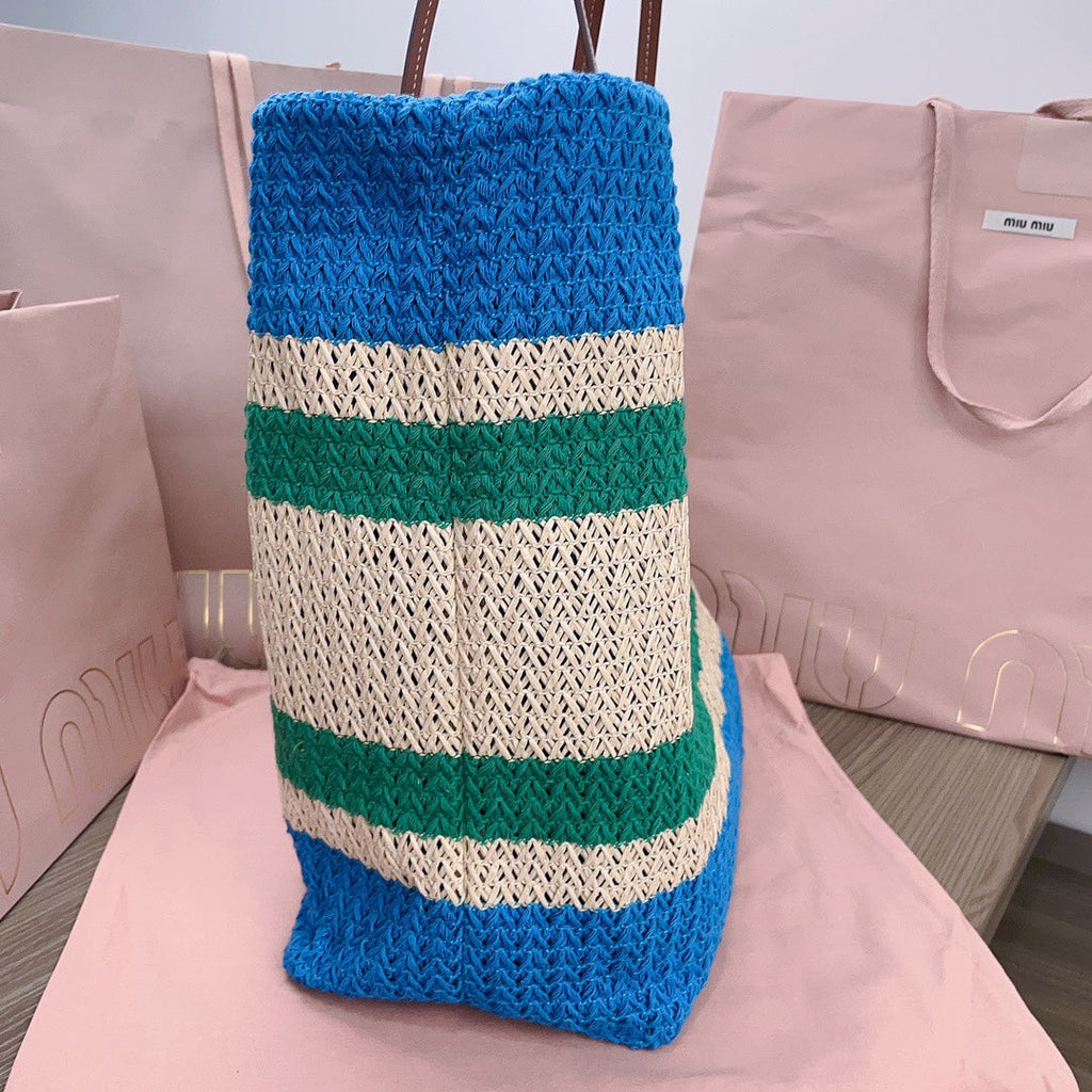 MIU MIU TOTE BAG 40 IN STRIPED PATTERN OF BLUE GREEN AND CREAM WHITE WOVEN RAFFIA
