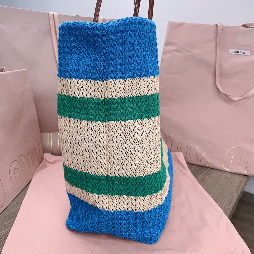 MIU MIU TOTE BAG 40 IN STRIPED PATTERN OF BLUE GREEN AND CREAM WHITE WOVEN RAFFIA