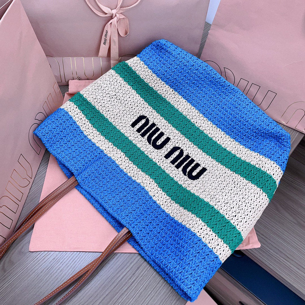 MIU MIU TOTE BAG 40 IN STRIPED PATTERN OF BLUE GREEN AND CREAM WHITE WOVEN RAFFIA