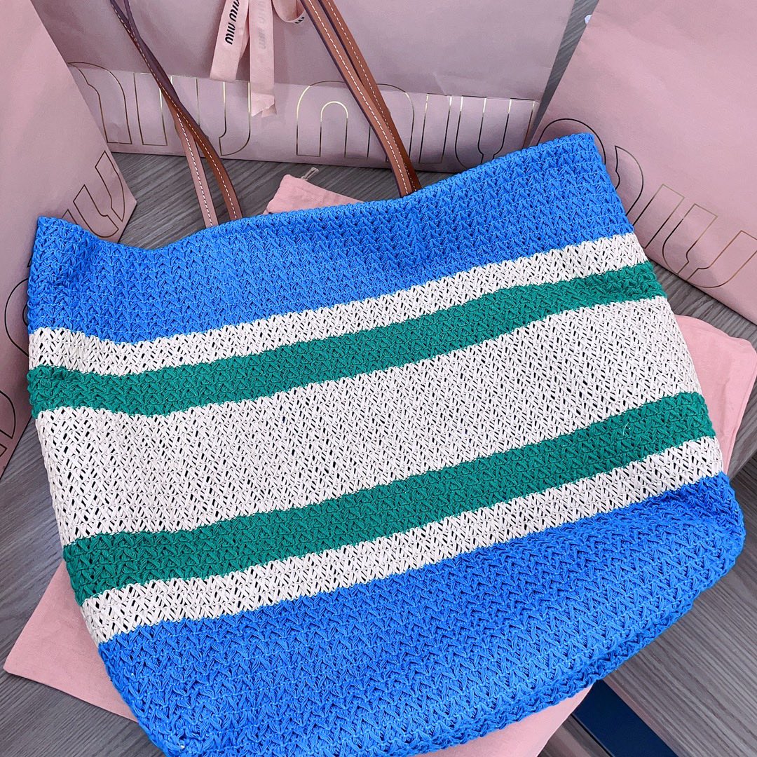 MIU MIU TOTE BAG 40 IN STRIPED PATTERN OF BLUE GREEN AND CREAM WHITE WOVEN RAFFIA