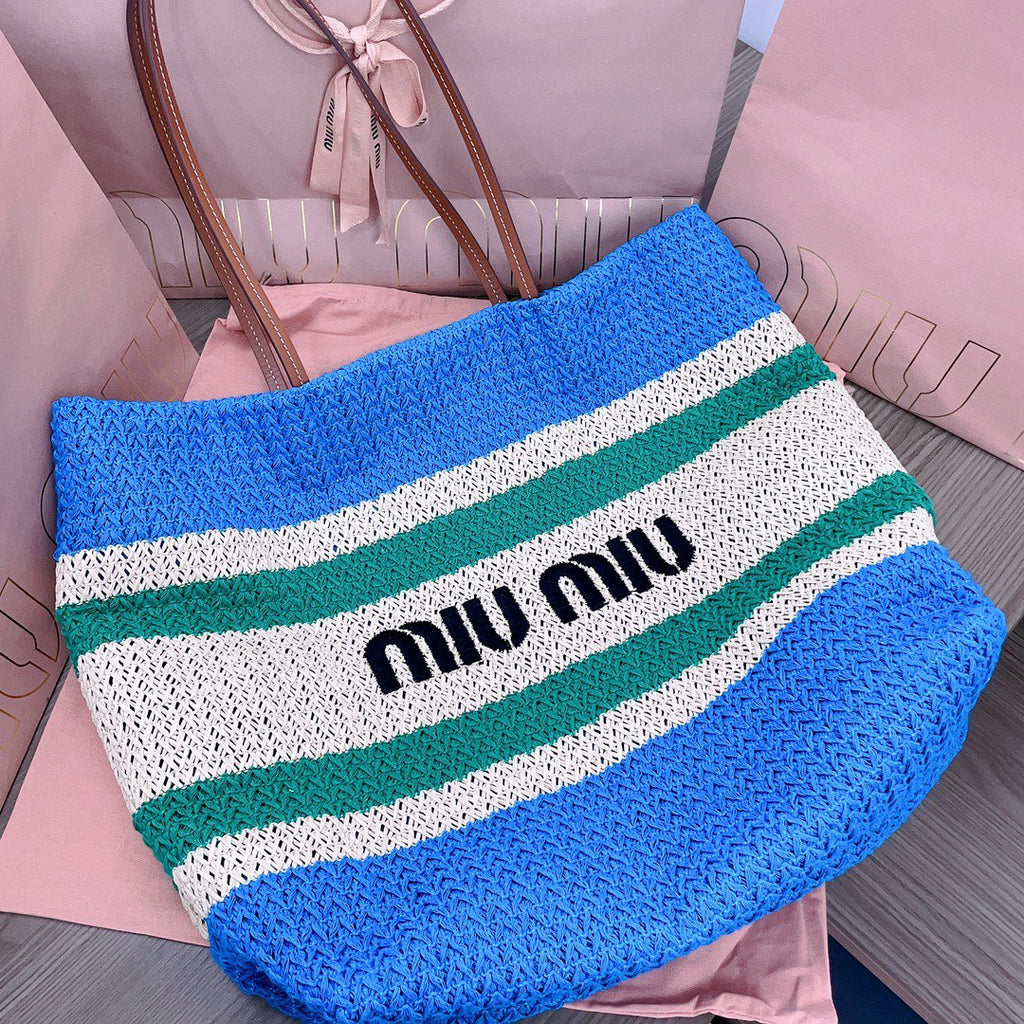 MIU MIU TOTE BAG 40 IN STRIPED PATTERN OF BLUE GREEN AND CREAM WHITE WOVEN RAFFIA