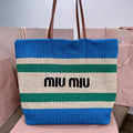 MIU MIU TOTE BAG 40 IN STRIPED PATTERN OF BLUE GREEN AND CREAM WHITE WOVEN RAFFIA