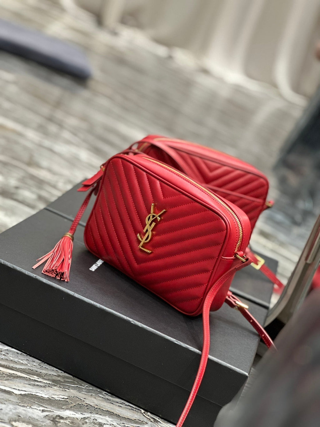 SAINT LAURENT LOU CAMERA 23 RED LAMBSKIN GOLD HARDWARE