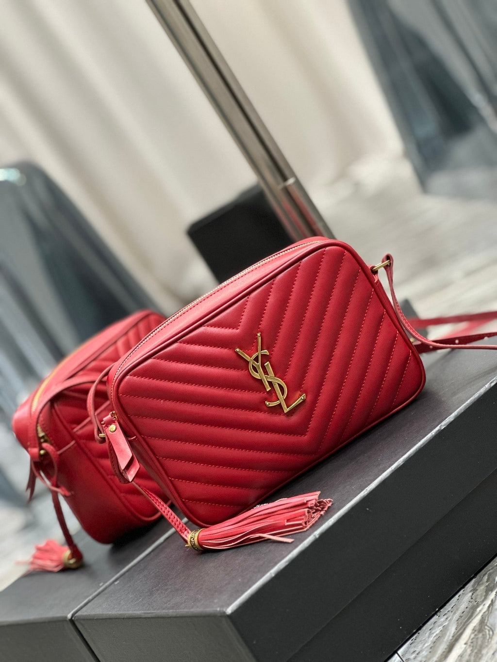 SAINT LAURENT LOU CAMERA 23 RED LAMBSKIN GOLD HARDWARE