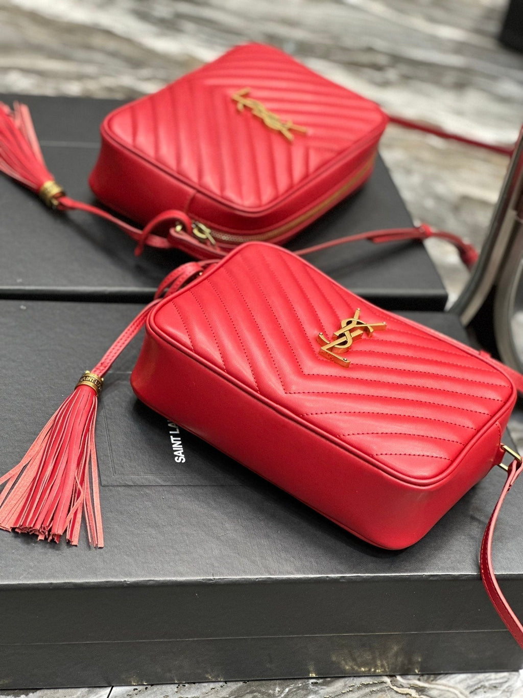 SAINT LAURENT LOU CAMERA 23 RED LAMBSKIN GOLD HARDWARE