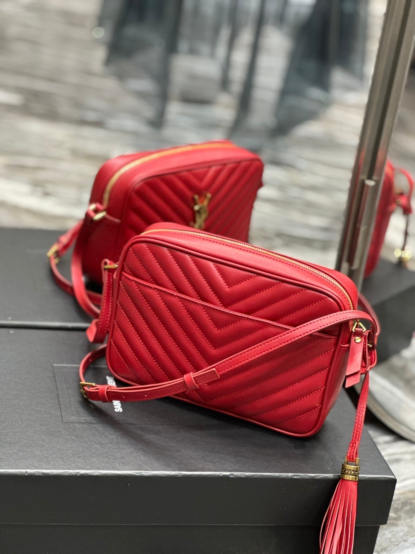 SAINT LAURENT LOU CAMERA 23 RED LAMBSKIN GOLD HARDWARE