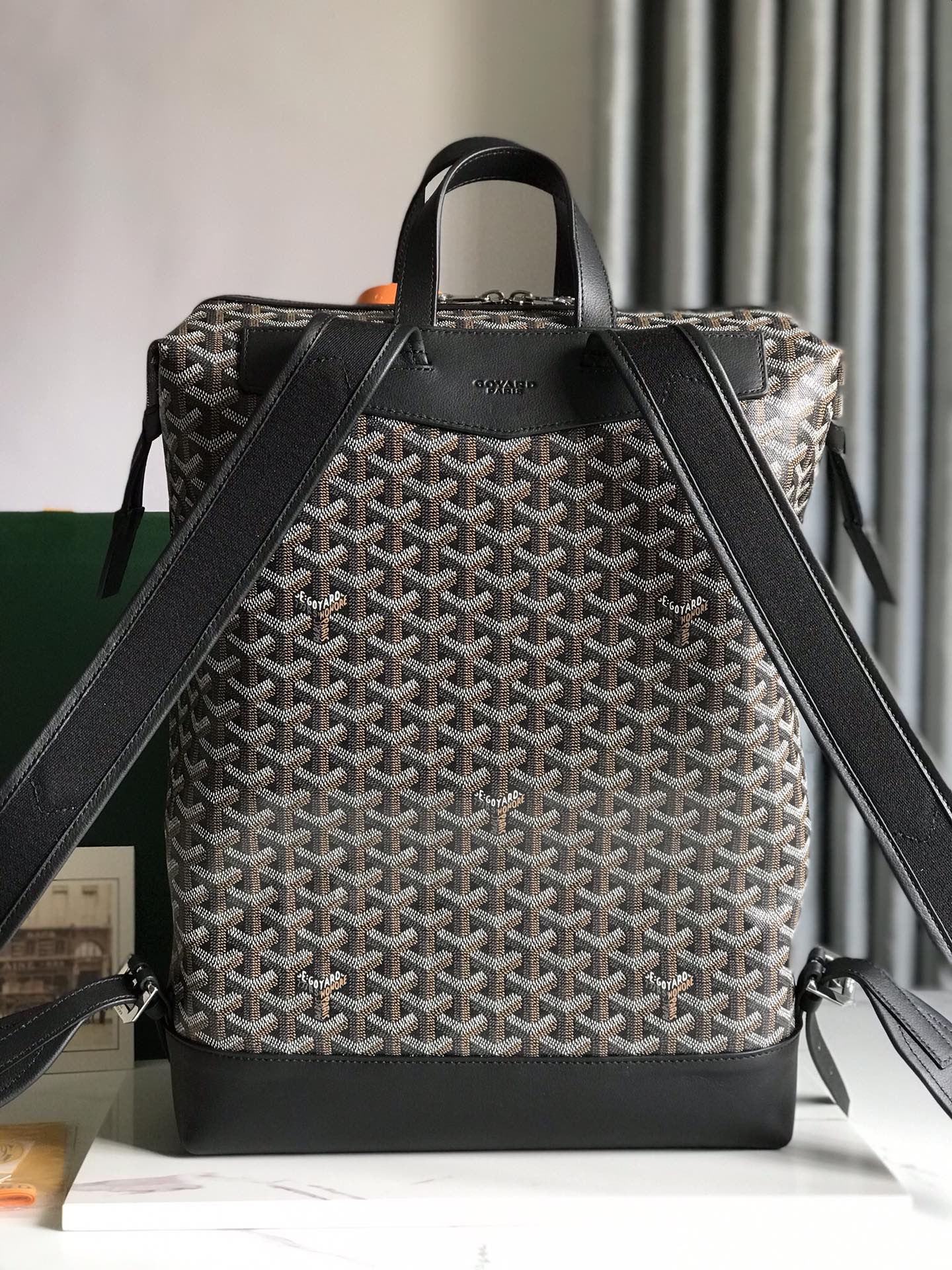 GOYARD CISALPIN BACKPACK 43 IN BLACK GOYARDINE CANVAS AND CALFSKIN