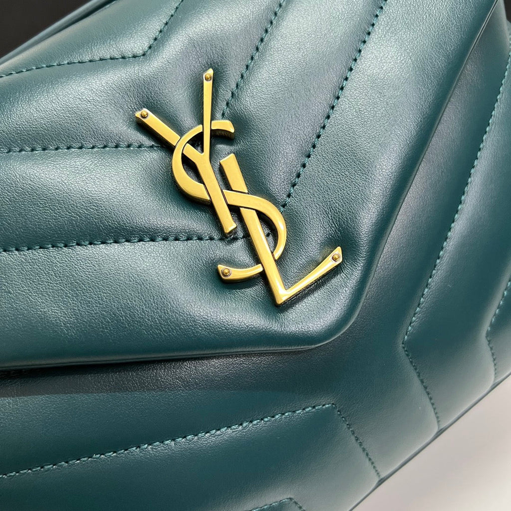 SAINT LAURENT LOULOU SMALL 25 IN DEEP JUNGLE GREEN LAMBSKIN GOLD HARDWARE