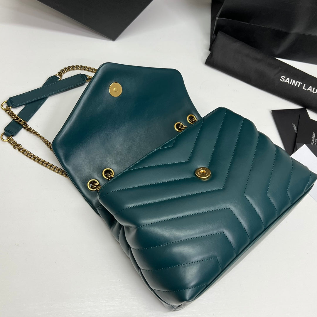 SAINT LAURENT LOULOU SMALL 25 IN DEEP JUNGLE GREEN LAMBSKIN GOLD HARDWARE