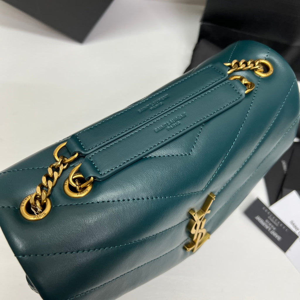 SAINT LAURENT LOULOU SMALL 25 IN DEEP JUNGLE GREEN LAMBSKIN GOLD HARDWARE