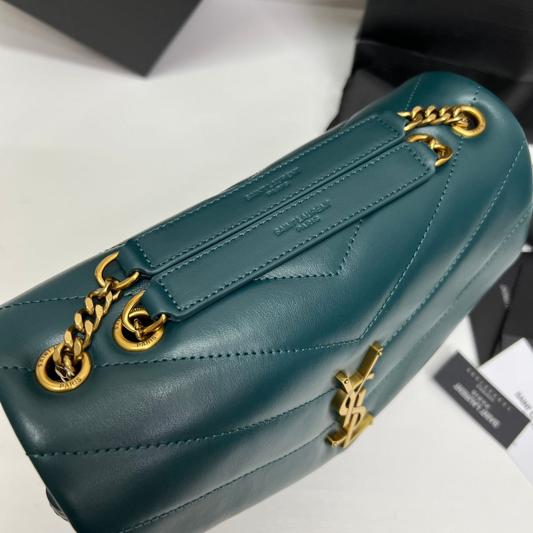 SAINT LAURENT LOULOU SMALL 25 IN DEEP JUNGLE GREEN LAMBSKIN GOLD HARDWARE