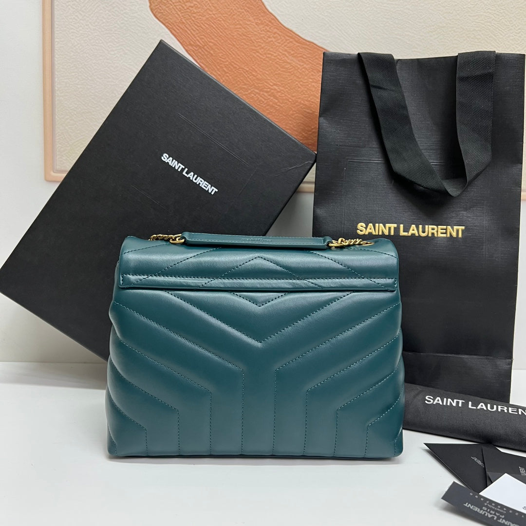 SAINT LAURENT LOULOU SMALL 25 IN DEEP JUNGLE GREEN LAMBSKIN GOLD HARDWARE