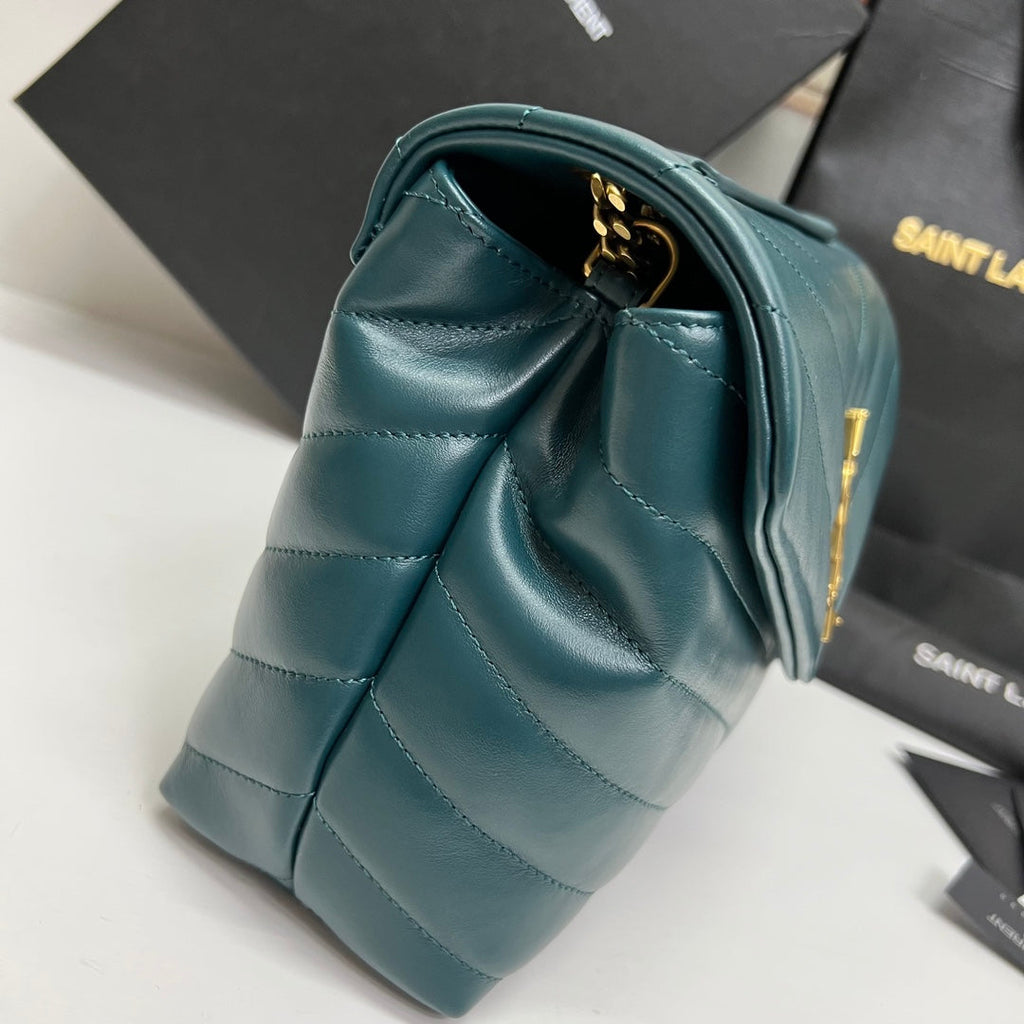 SAINT LAURENT LOULOU SMALL 25 IN DEEP JUNGLE GREEN LAMBSKIN GOLD HARDWARE
