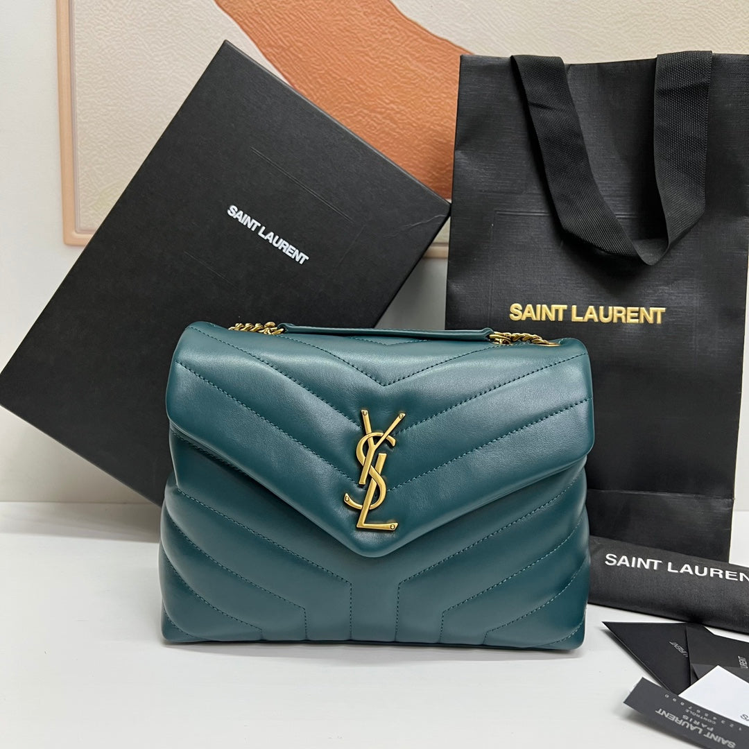 SAINT LAURENT LOULOU SMALL 25 IN DEEP JUNGLE GREEN LAMBSKIN GOLD HARDWARE
