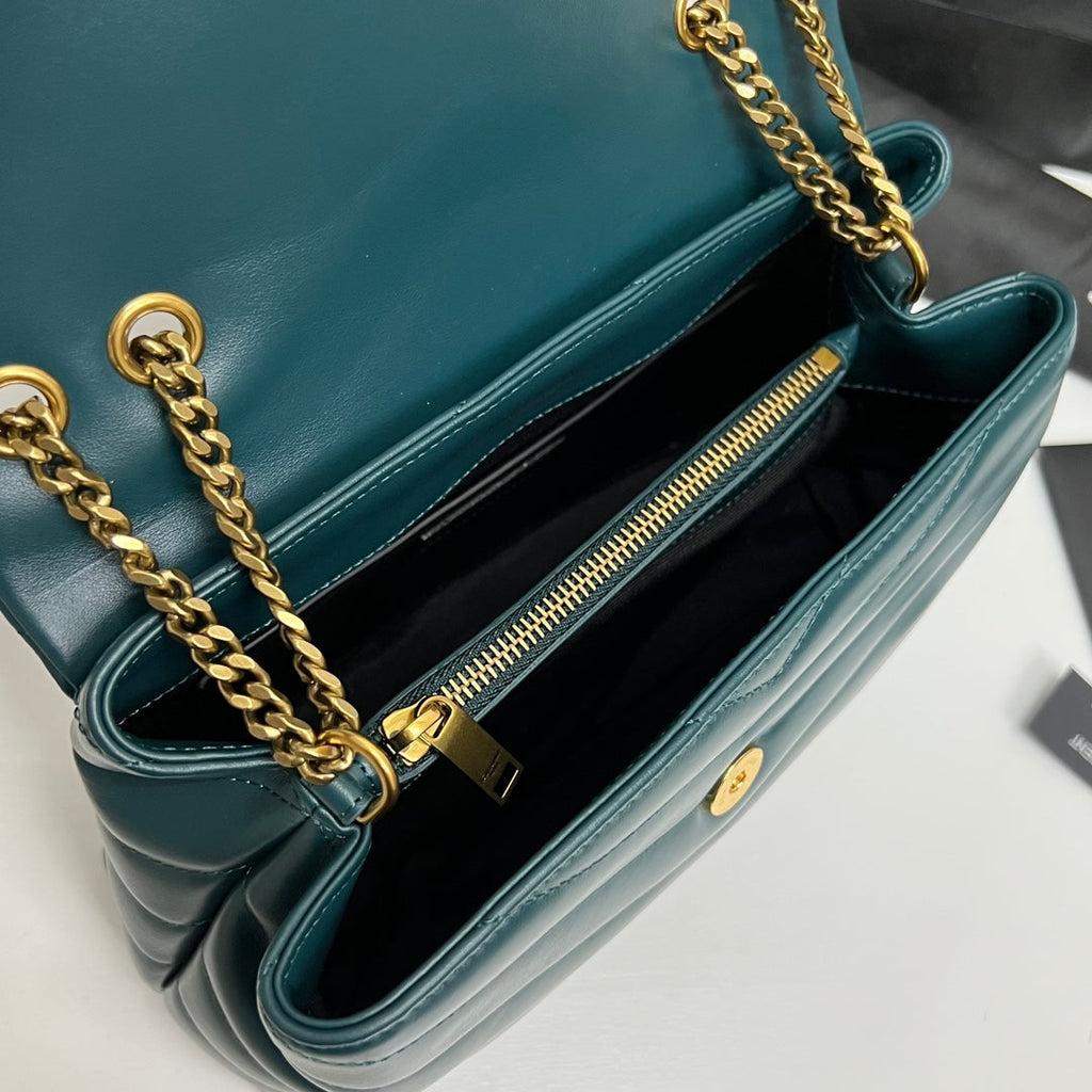 SAINT LAURENT LOULOU SMALL 25 IN DEEP JUNGLE GREEN LAMBSKIN GOLD HARDWARE