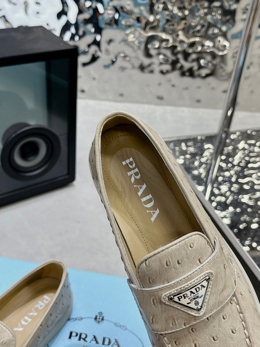 PRADA OSTRICH PATTERN LOAFERS CREAMY WHITE CALFSKIN