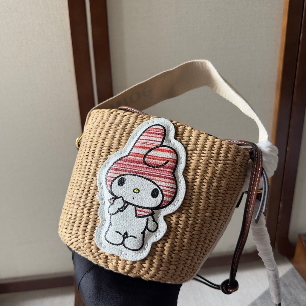 CHLOE MY MELODY SMALL WOODY BASKET 17 IN NATURAL FIBERS BEIGE WEBBING BROWN CALFSKIN
