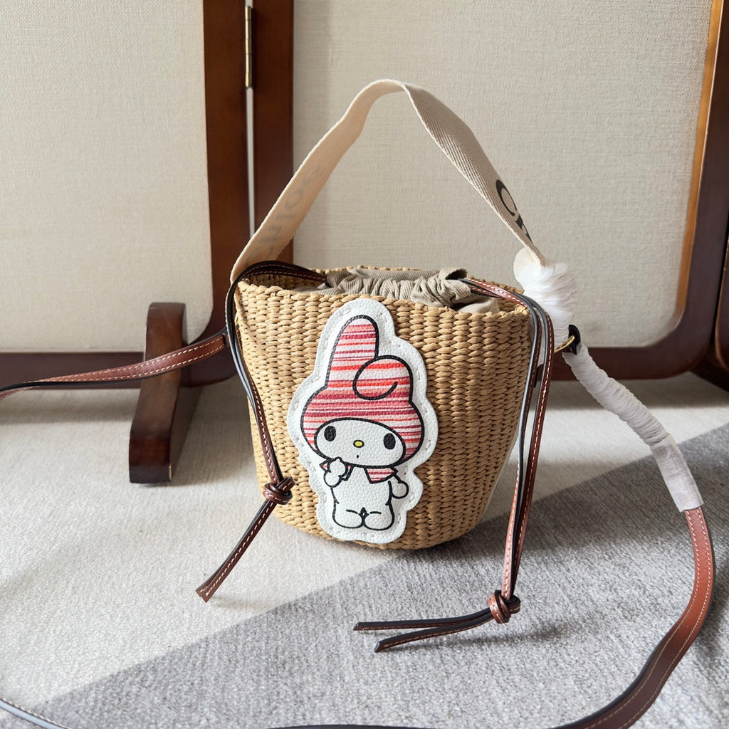 CHLOE MY MELODY SMALL WOODY BASKET 17 IN NATURAL FIBERS BEIGE WEBBING BROWN CALFSKIN
