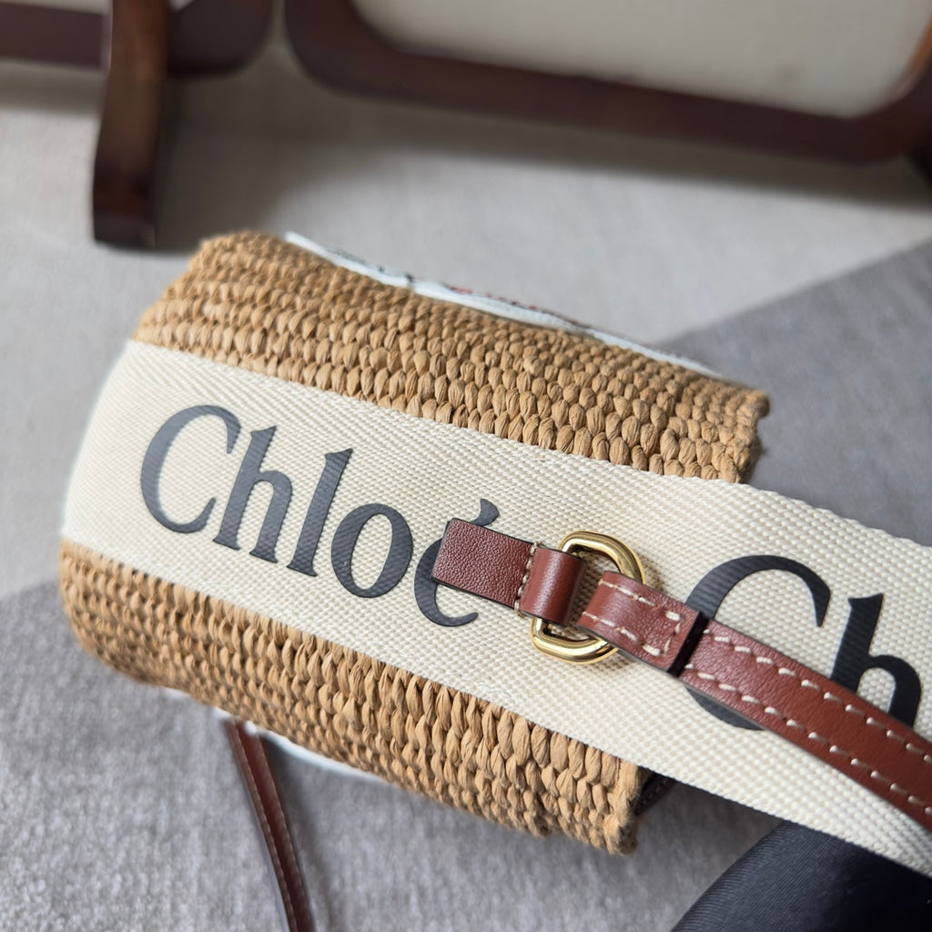 CHLOE MY MELODY SMALL WOODY BASKET 17 IN NATURAL FIBERS BEIGE WEBBING BROWN CALFSKIN