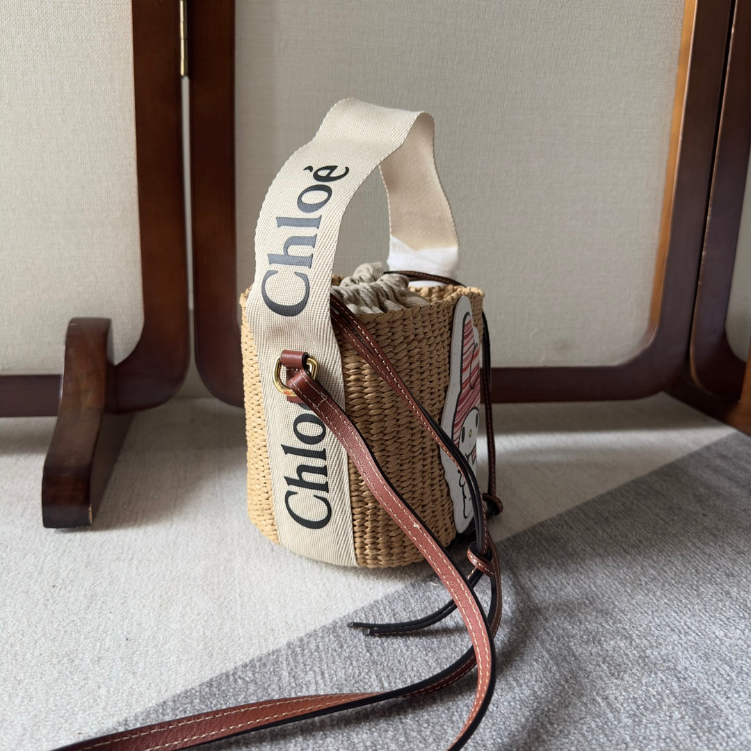 CHLOE MY MELODY SMALL WOODY BASKET 17 IN NATURAL FIBERS BEIGE WEBBING BROWN CALFSKIN