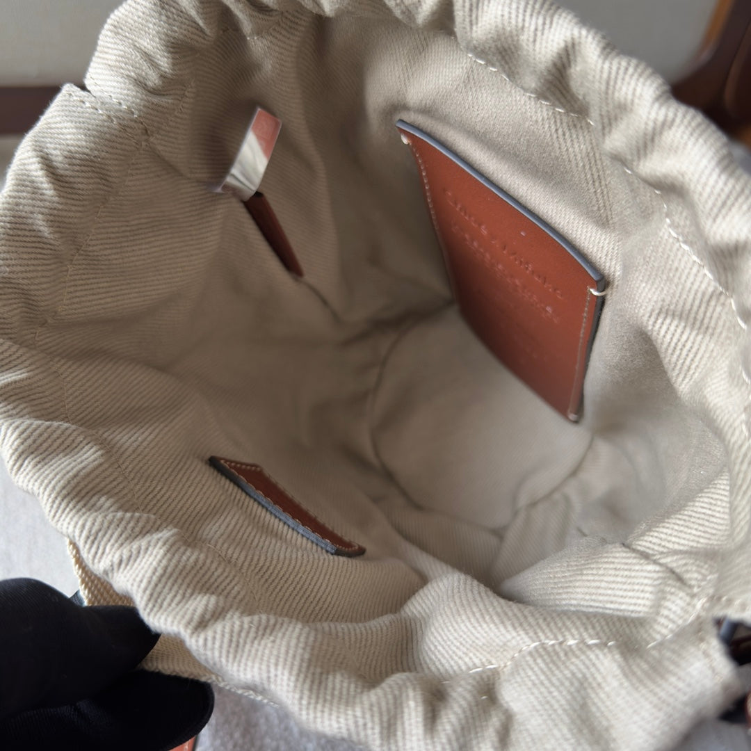 CHLOE MY MELODY SMALL WOODY BASKET 17 IN NATURAL FIBERS BEIGE WEBBING BROWN CALFSKIN