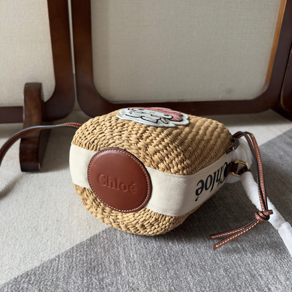 CHLOE MY MELODY SMALL WOODY BASKET 17 IN NATURAL FIBERS BEIGE WEBBING BROWN CALFSKIN