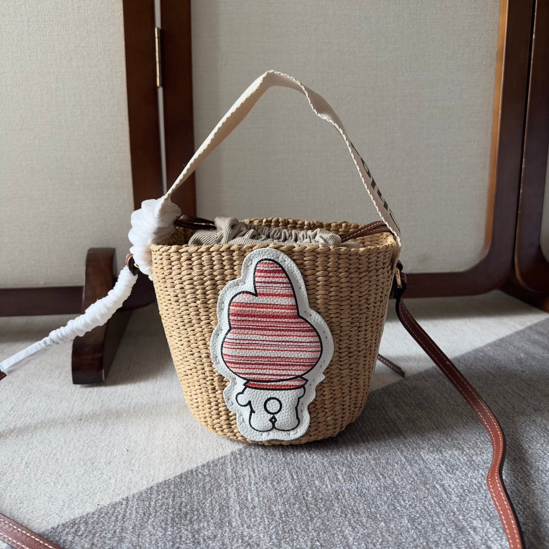 CHLOE MY MELODY SMALL WOODY BASKET 17 IN NATURAL FIBERS BEIGE WEBBING BROWN CALFSKIN